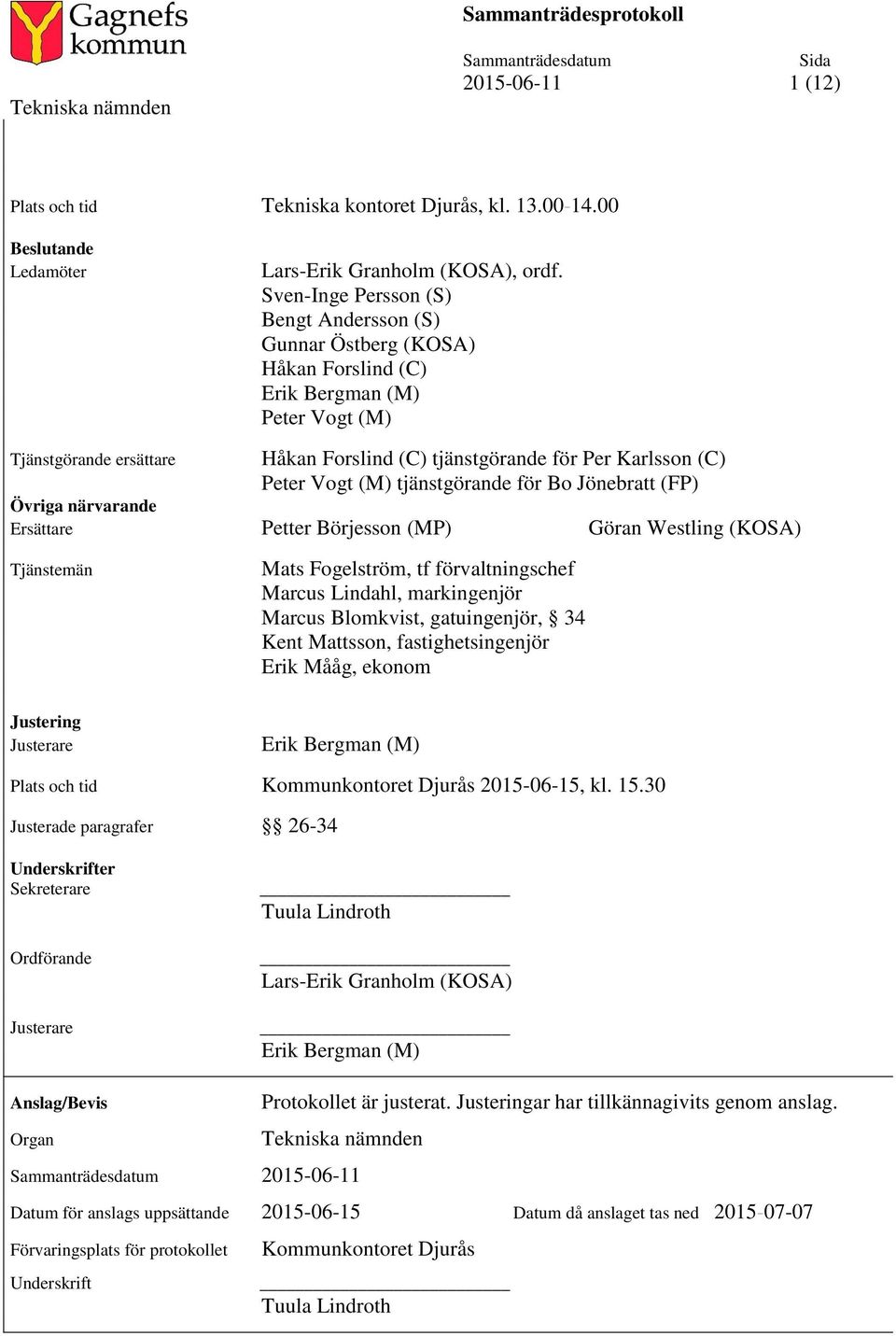 Vogt (M) tjänstgörande för Bo Jönebratt (FP) Övriga närvarande Ersättare Petter Börjesson (MP) Göran Westling (KOSA) Tjänstemän Mats Fogelström, tf förvaltningschef Marcus Lindahl, markingenjör