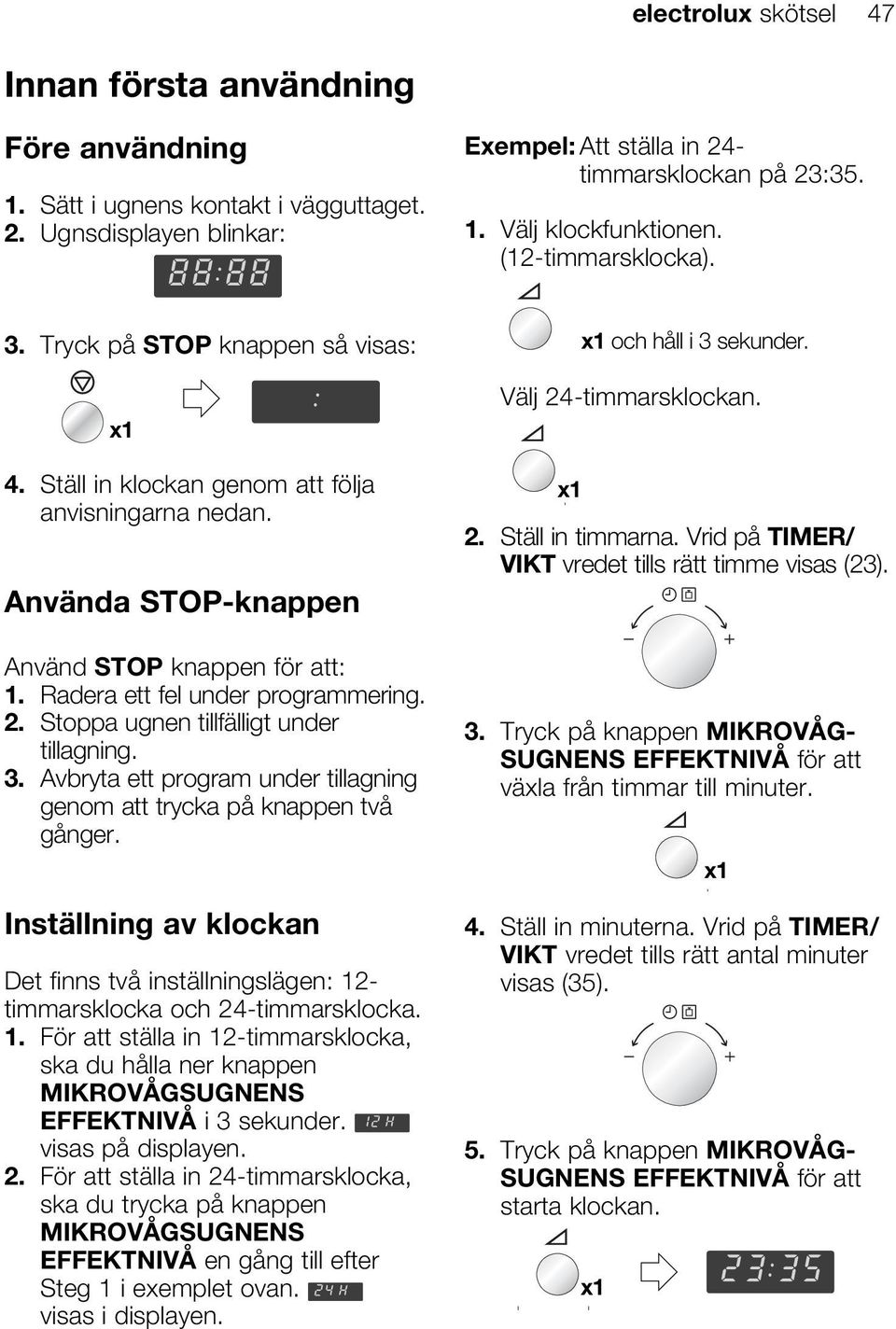 Radera ett fel under programmering. 2. Stoppa ugnen tillfälligt under tillagning. 3. Avbryta ett program under tillagning genom att trycka på knappen två gånger.