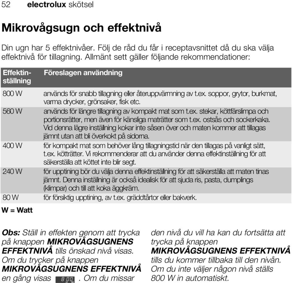 soppor, grytor, burkmat, varma drycker, grönsaker, fisk etc. 560 W används för längre tillagning av kompakt mat som t.ex.