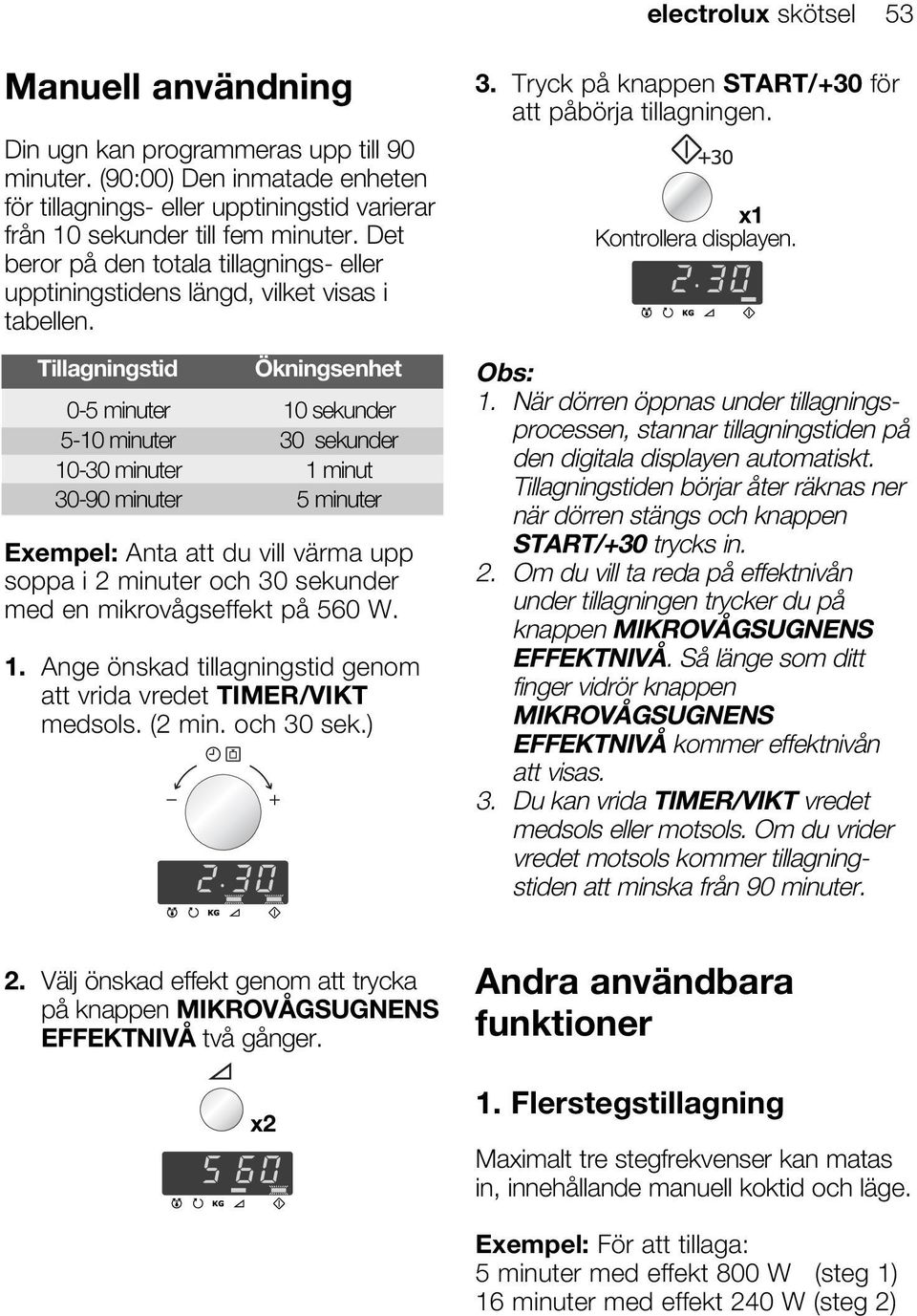 Tillagningstid Ökningsenhet 0-5 minuter 10 sekunder 5-10 minuter 30 sekunder 10-30 minuter 1 minut 30-90 minuter 5 minuter Exempel: Anta att du vill värma upp soppa i 2 minuter och 30 sekunder med en