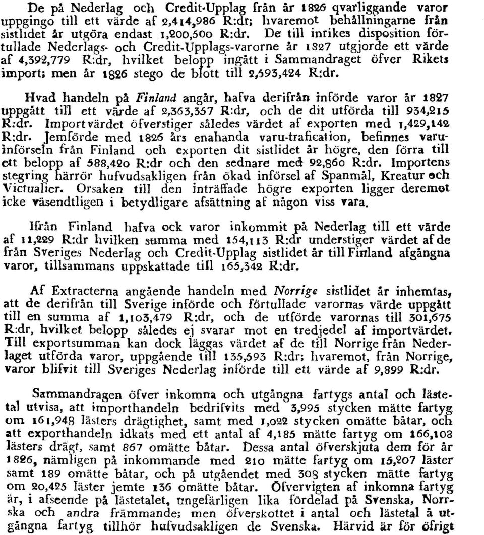 de blott till 2,593,424 R:dr. Hvad handeln på Finland angår, hafva derifrån införde varor år 1827 uppgått till ett värde af 2,363,557 R:dr, och de dit utförda till 934,215 R:dr.