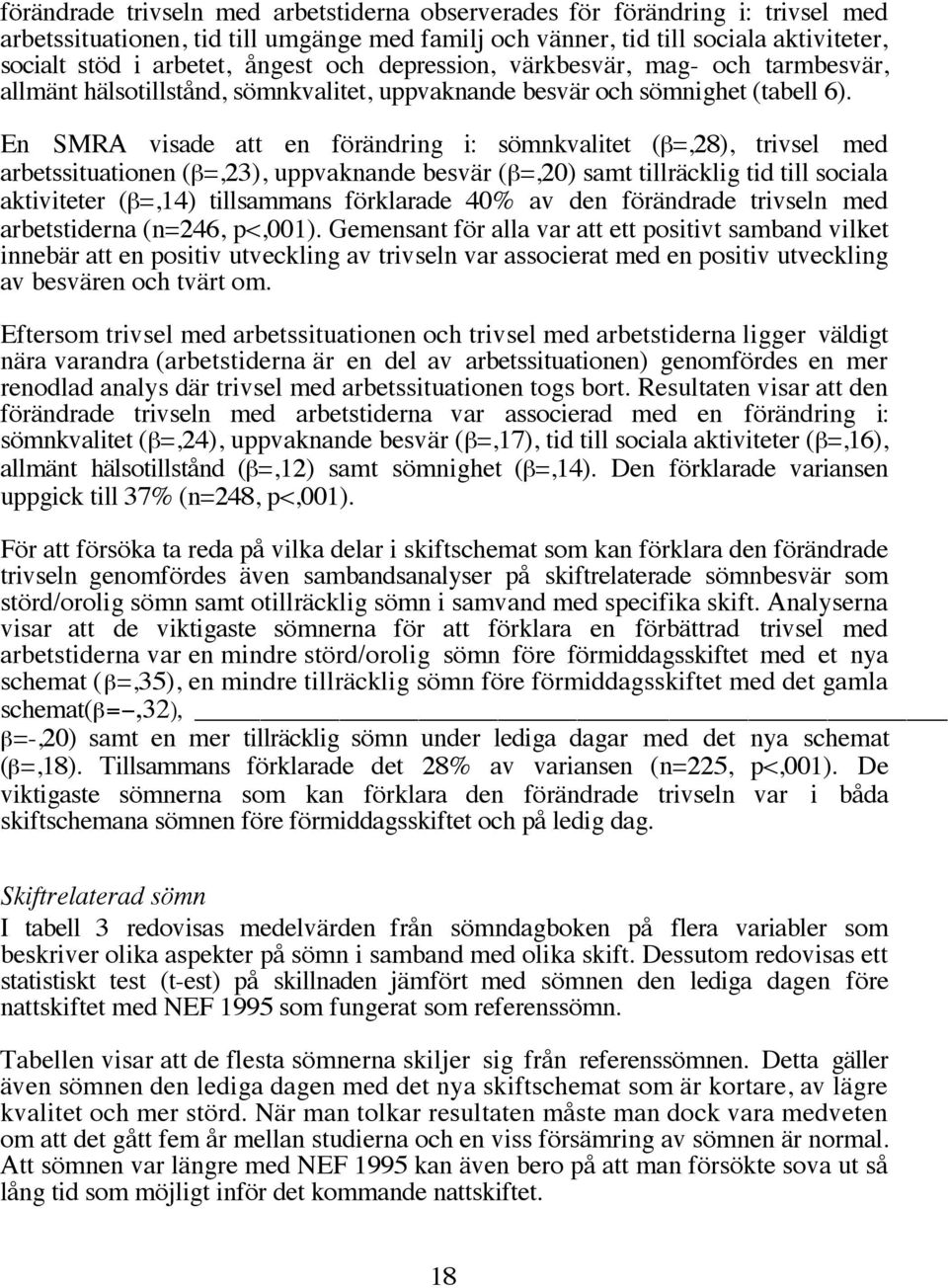 En SMRA visade att en förändring i: sömnkvalitet (β=,28), trivsel med arbetssituationen (β=,23), uppvaknande besvär (β=,20) samt tillräcklig tid till sociala aktiviteter (β=,14) tillsammans