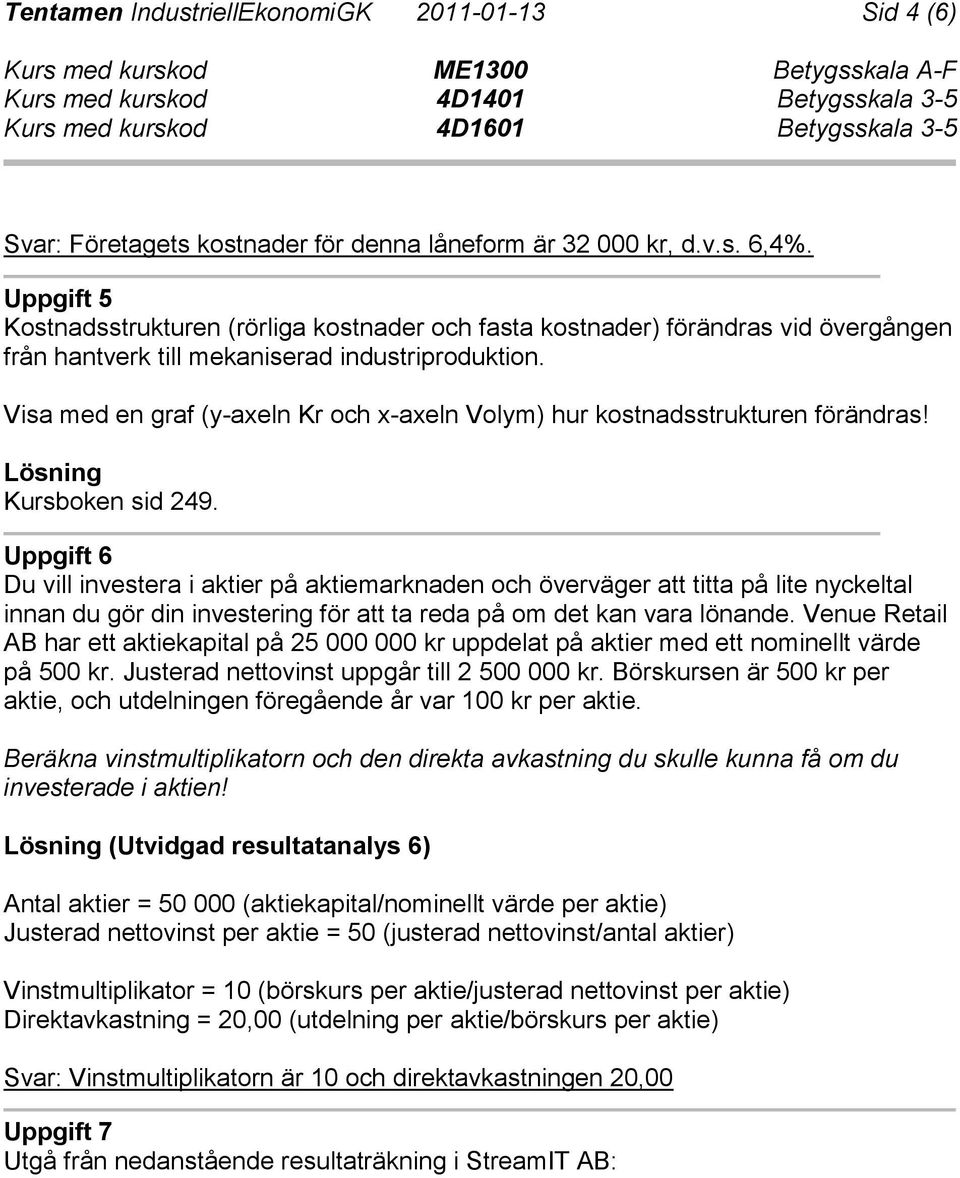 Visa med en graf (y-axeln Kr och x-axeln Volym) hur kostnadsstrukturen förändras! Lösning Kursboken sid 249.