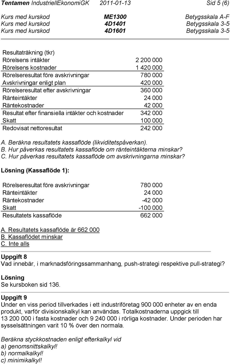 000 A. Beräkna resultatets kassaflöde (likviditetspåverkan). B. Hur påverkas resultatets kassaflöde om ränteintäkterna minskar? C. Hur påverkas resultatets kassaflöde om avskrivningarna minskar?