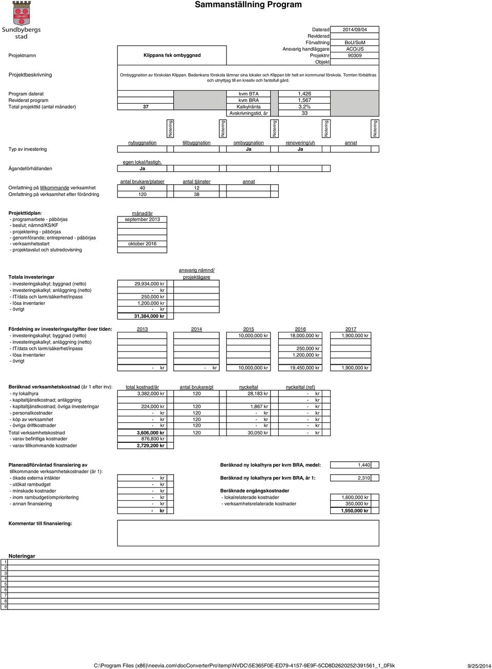 Program daterat Reviderat program Total projekttid (antal månader) 37 kvm BTA kvm BRA Kalkylränta Avskrivningstid, år 1,426 1,567 3.