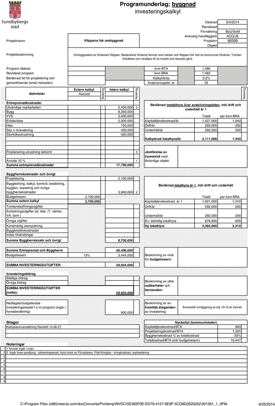 Program daterat Reviderat program Beräknad tid för projektering och genomförande (antal månader): kvm BTA kvm BRA Kalkylränta Avskrivningstid, år 1,586 1,462 3.