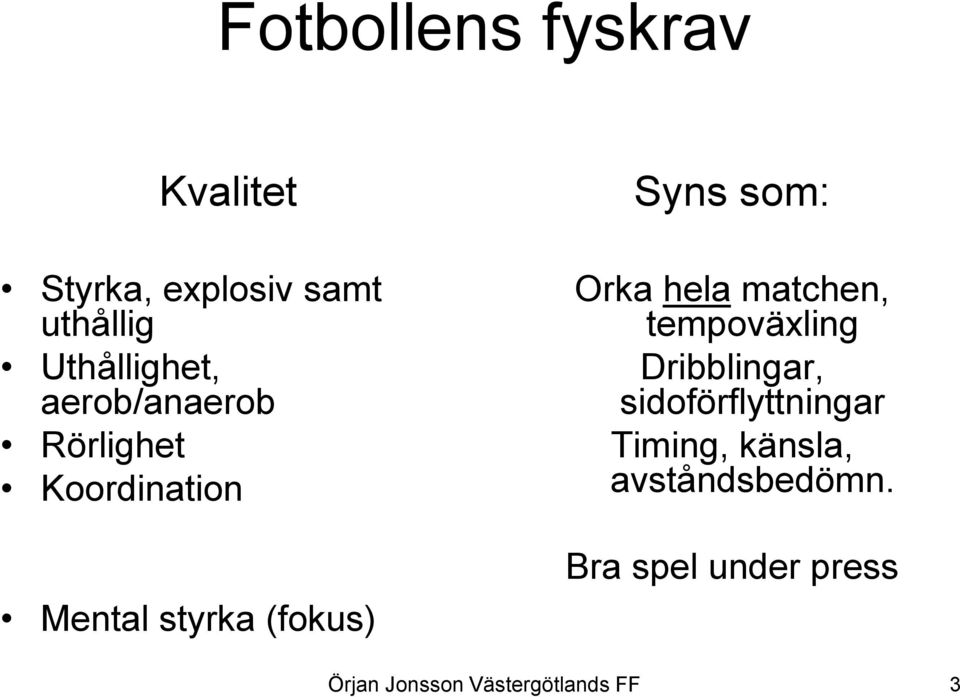 (fokus) Syns som: Orka hela matchen, tempoväxling Dribblingar,