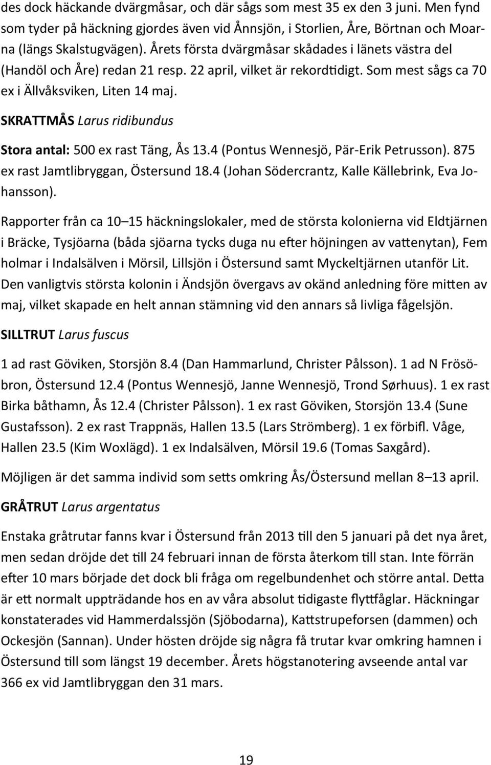 SKRATTMÅS Larus ridibundus Stora antal: 500 ex rast Täng, Ås 13.4 (Pontus Wennesjö, Pär-Erik Petrusson). 875 ex rast Jamtlibryggan, Östersund 18.4 (Johan Södercrantz, Kalle Källebrink, Eva Johansson).