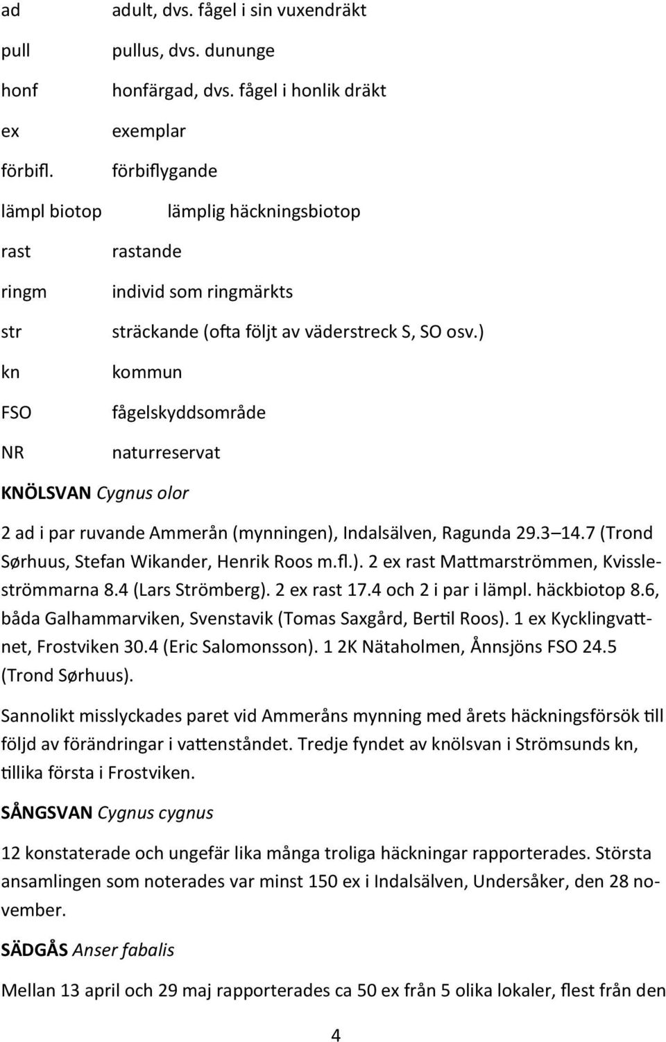 ) kommun fågelskyddsområde naturreservat KNÖLSVAN Cygnus olor 2 ad i par ruvande Ammerån (mynningen), Indalsälven, Ragunda 29.3 14.7 (Trond Sørhuus, Stefan Wikander, Henrik Roos m.fl.). 2 ex rast Mattmarströmmen, Kvissleströmmarna 8.