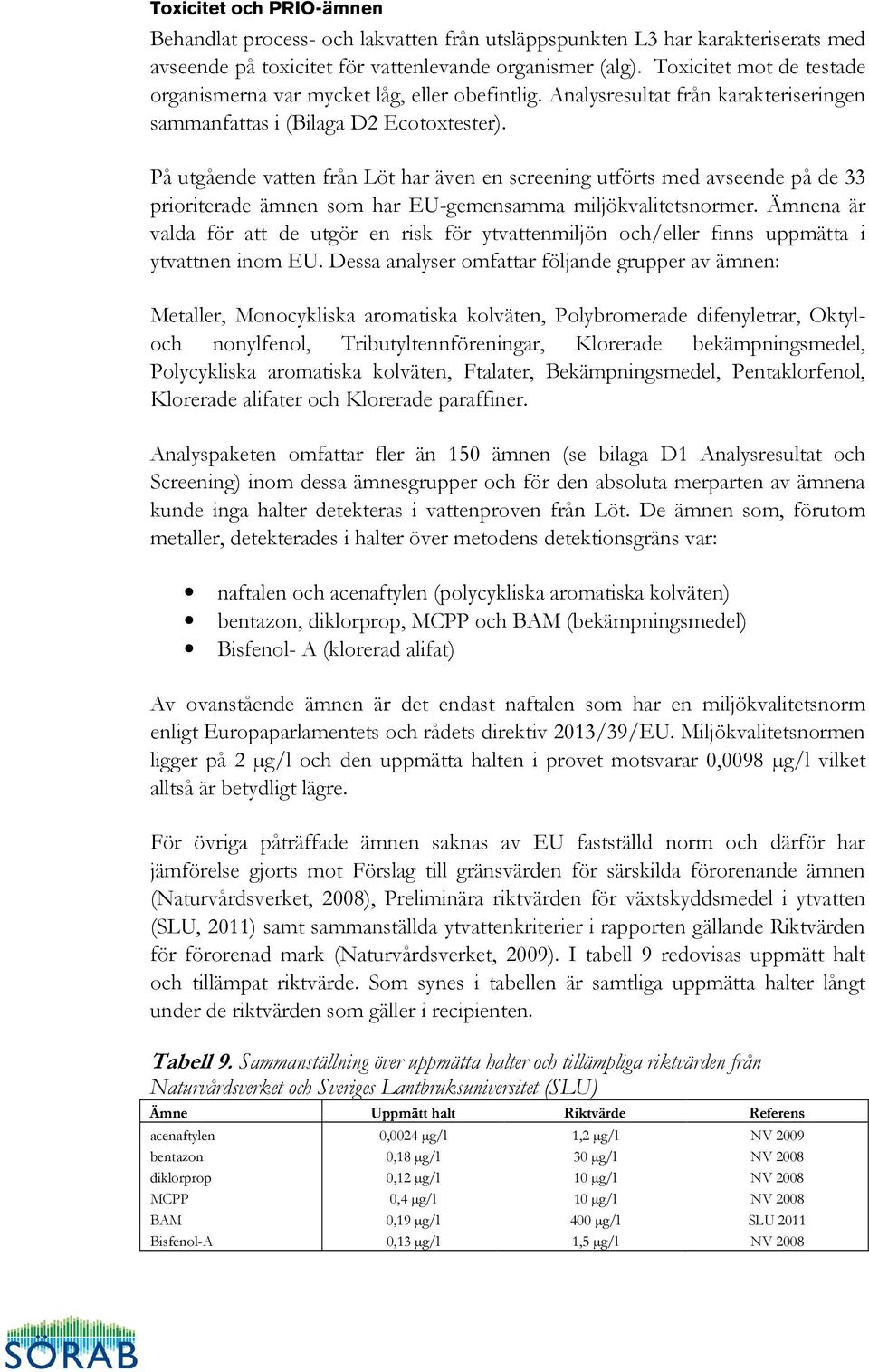 På utgående vatten från Löt har även en screening utförts med avseende på de 33 prioriterade ämnen som har EU-gemensamma miljökvalitetsnormer.