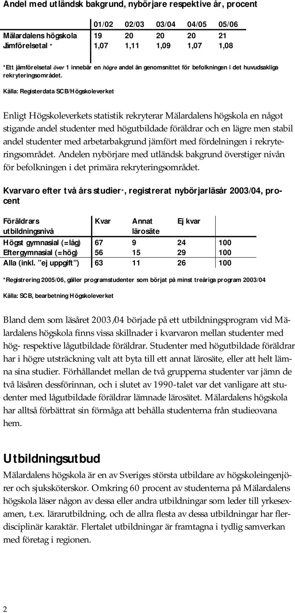 Källa: Registerdata SCB/Högskoleverket Enligt Högskoleverkets statistik rekryterar Mälardalens högskola en något stigande andel studenter med högutbildade föräldrar och en lägre men stabil andel
