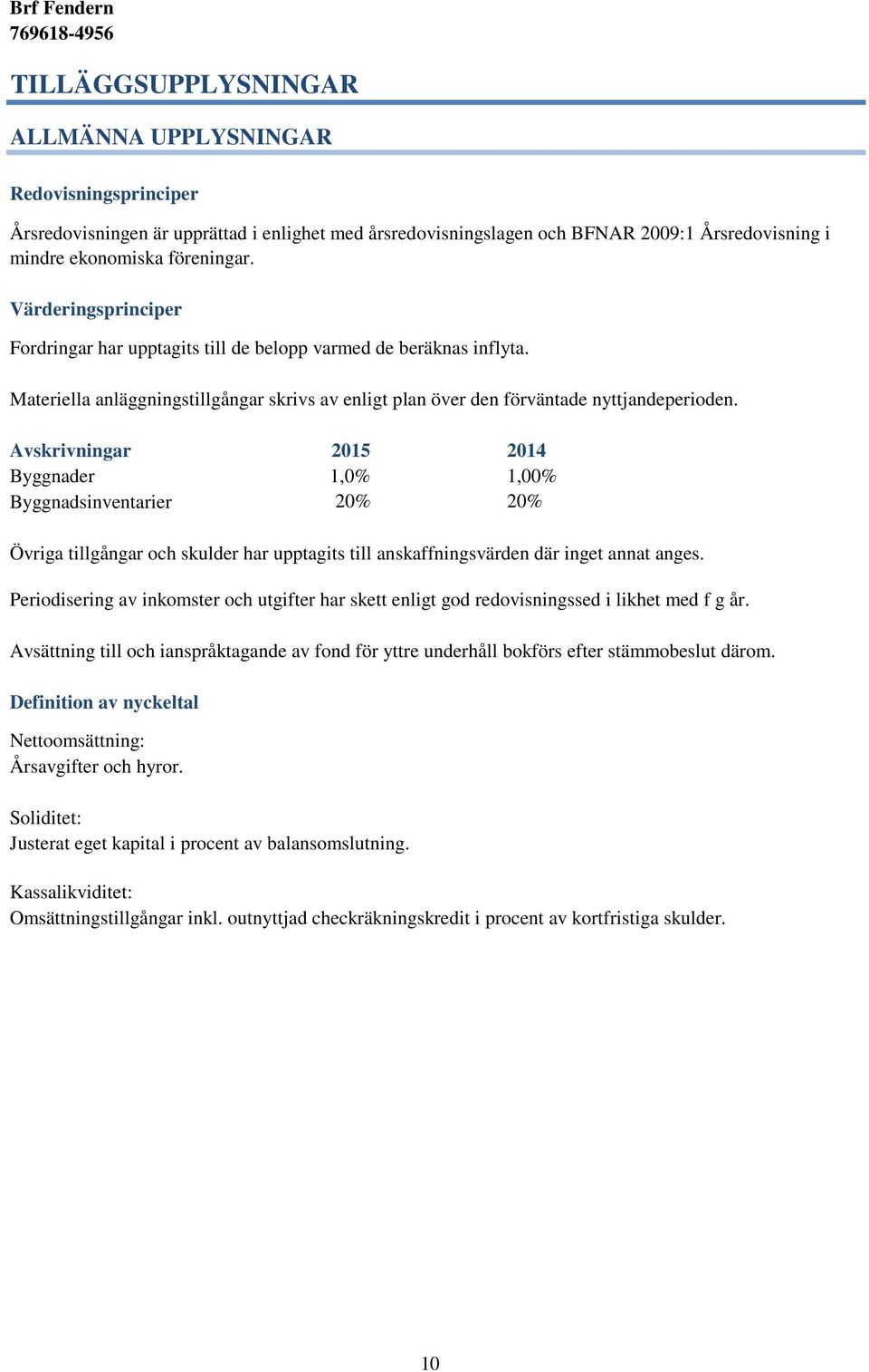 Avskrivningar 2015 2014 Byggnader 1,0% 1,00% Byggnadsinventarier 20% 20% Övriga tillgångar och skulder har upptagits till anskaffningsvärden där inget annat anges.