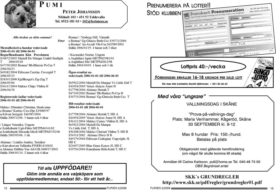 2006/04/23 S49182/2004 Eifoszan Cserény Covergirl T 2006/05/15 S54303/2000 Kjellberget's Zig-Zag T 2006/05/06 S56113/2004 Maktez Chipz Vhibra H 2006/04/30 Registrerade kullar redovisade 2006-01-01