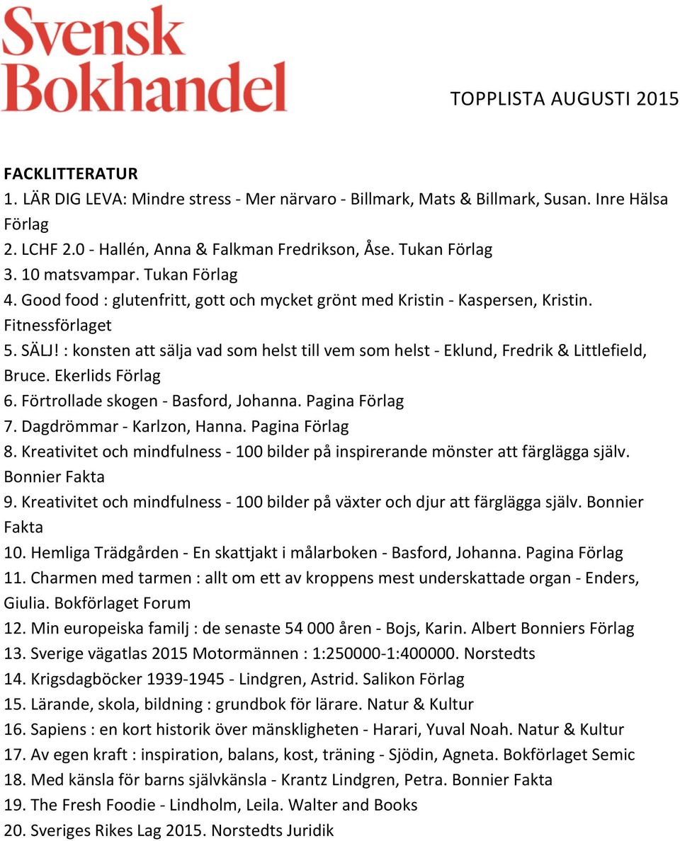 : konsten att sälja vad som helst till vem som helst - Eklund, Fredrik & Littlefield, Bruce. Ekerlids Förlag 6. Förtrollade skogen - Basford, Johanna. Pagina Förlag 7. Dagdrömmar - Karlzon, Hanna.