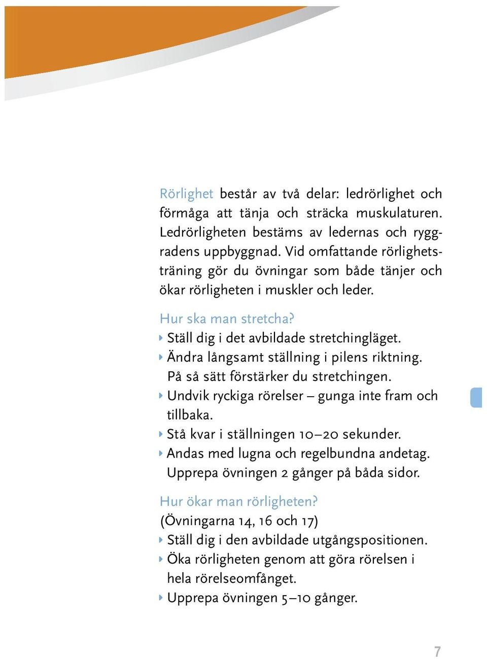 Ändra långsamt ställning i pilens riktning. På så sätt förstärker du stretchingen. Undvik ryckiga rörelser gunga inte fram och tillbaka. Stå kvar i ställningen 10 20 sekunder.