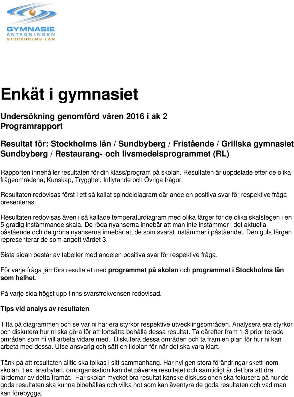 Resultaten redovisas först i ett så kallat spindeldiagram där andelen positiva svar för respektive fråga presenteras.