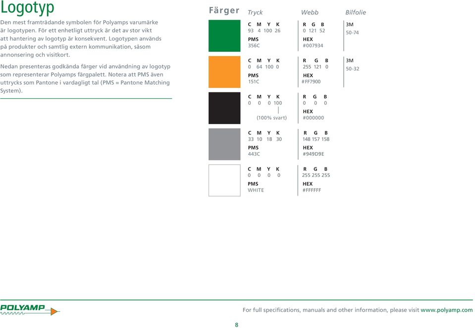 Nedan presenteras godkända färger vid användning av logotyp som representerar Polyamps färgpalett. Notera att PMS även uttrycks som Pantone i vardagligt tal (PMS = Pantone Matching System).
