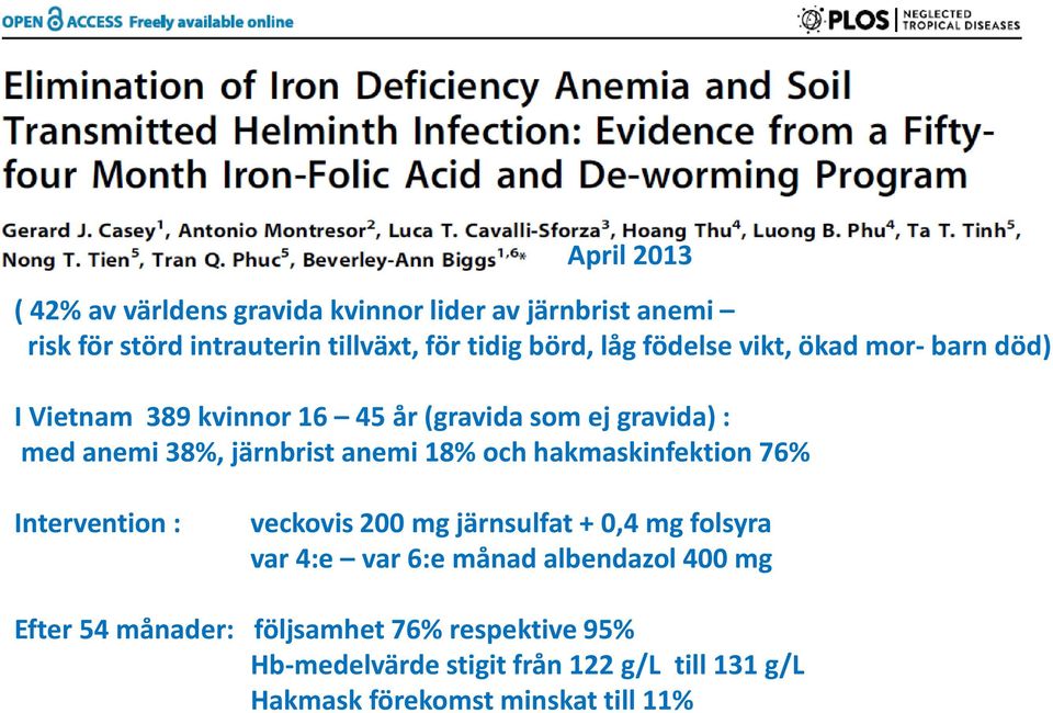 och hakmaskinfektion 76% Intervention : veckovis 200 mg järnsulfat + 0,4 mg folsyra var 4:e var 6:e månad albendazol 400 mg