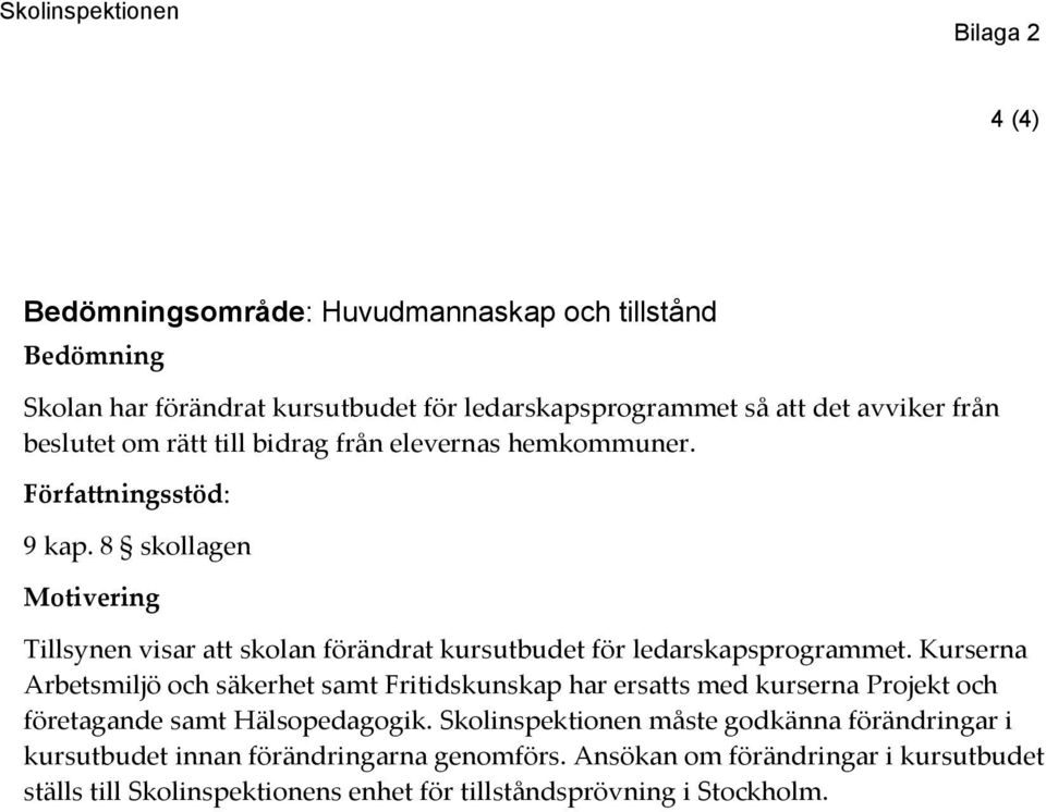 8 skollagen Motivering Tillsynen visar att skolan förändrat kursutbudet för ledarskapsprogrammet.