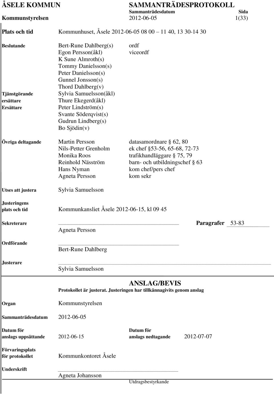 Söderqvist(s) Gudrun Lindberg(s) Bo Sjödin(v) Övriga deltagande Martin Persson datasamordnare 62, 80 Nils-Petter Grenholm ek chef 53-56, 65-68, 72-73 Monika Roos trafikhandläggare 75, 79 Reinhold