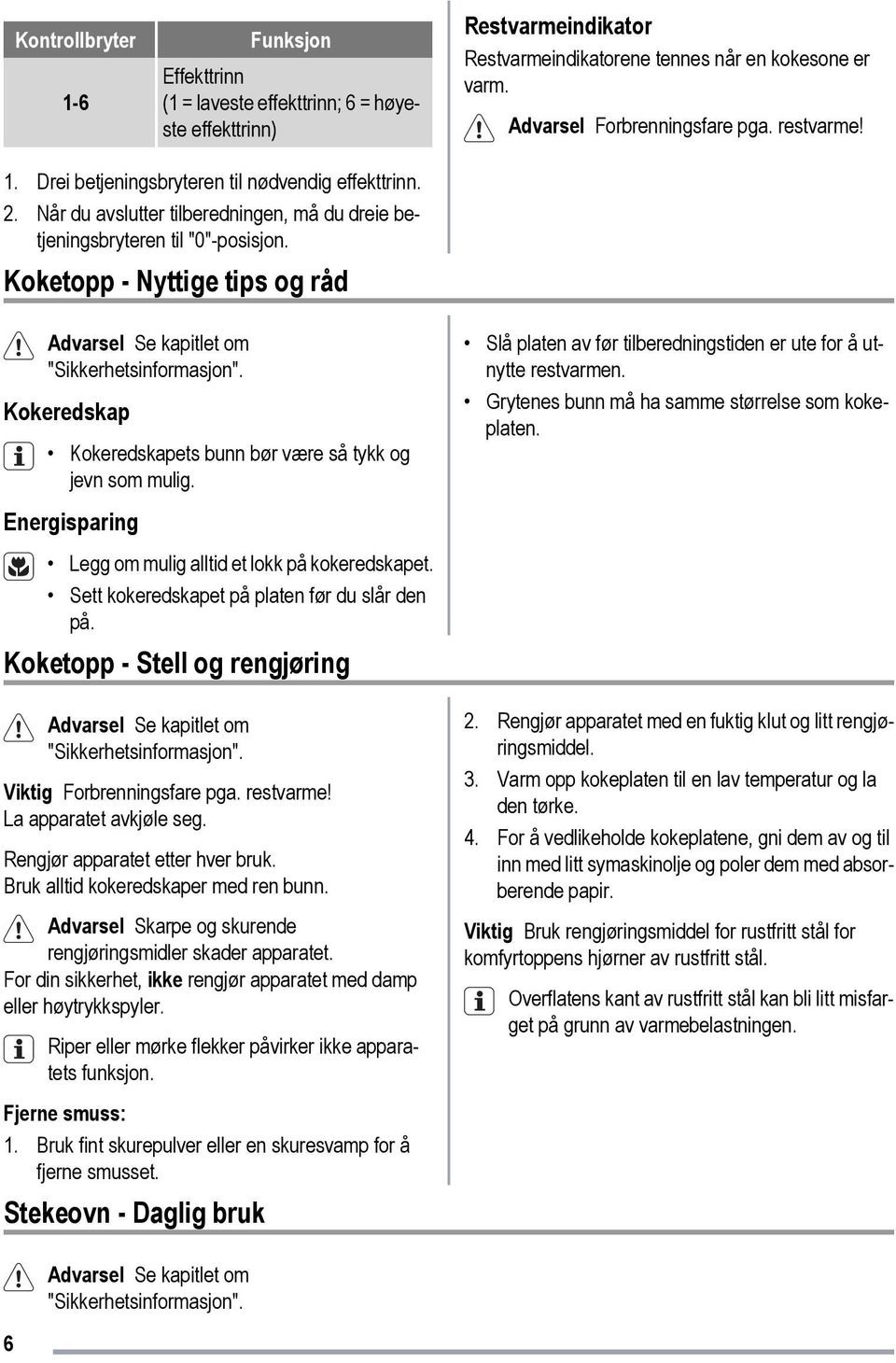 Koketopp - Nyttige tips og råd Advarsel Se kapitlet om "Sikkerhetsinformasjon". Kokeredskap Kokeredskapets bunn bør være så tykk og jevn som mulig.