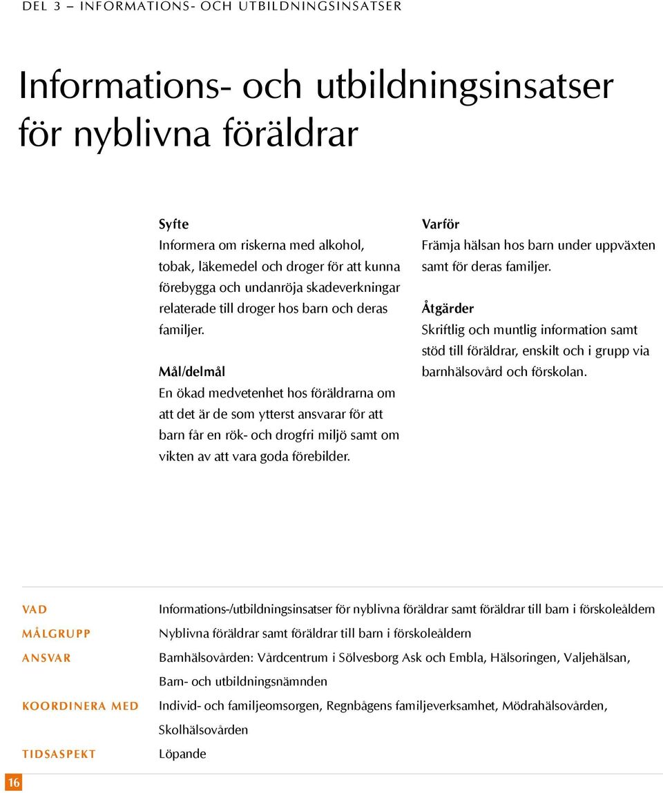 En ökad medvetenhet hos föräldrarna om att det är de som ytterst ansvarar för att barn får en rök- och drogfri miljö samt om vikten av att vara goda förebilder.