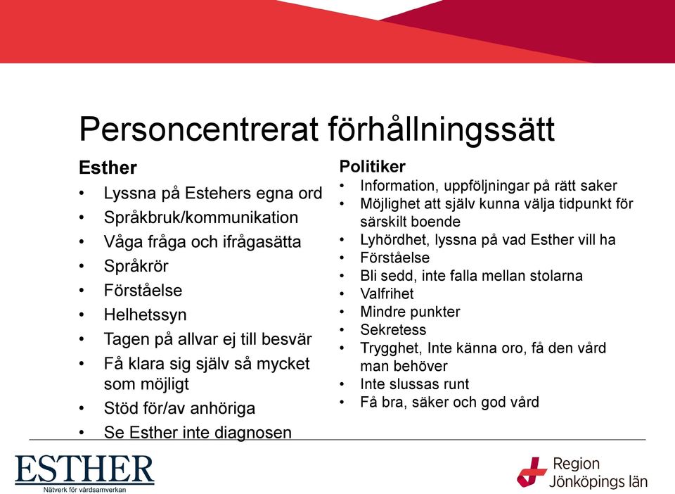 uppföljningar på rätt saker Möjlighet att själv kunna välja tidpunkt för särskilt boende Lyhördhet, lyssna på vad Esther vill ha Förståelse Bli sedd,