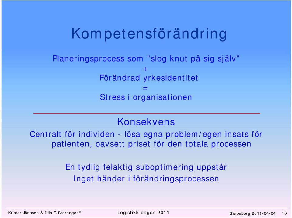 patienten, oavsett priset för den totala processen En tydlig felaktig suboptimering uppstår Inget