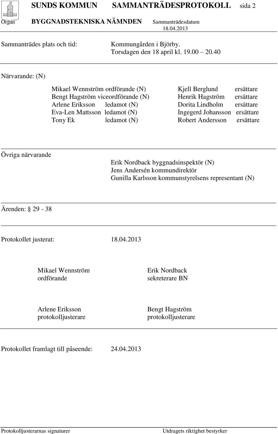 Eva-Len Mattsson ledamot (N) Ingegerd Johansson ersättare Tony Ek ledamot (N) Robert Andersson ersättare Övriga närvarande Erik Nordback byggnadsinspektör (N) Jens Andersén kommundirektör