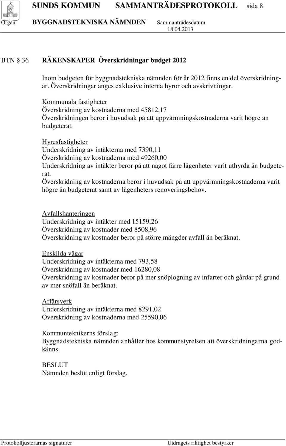 Kommunala fastigheter Överskridning av kostnaderna med 45812,17 Överskridningen beror i huvudsak på att uppvärmningskostnaderna varit högre än budgeterat.