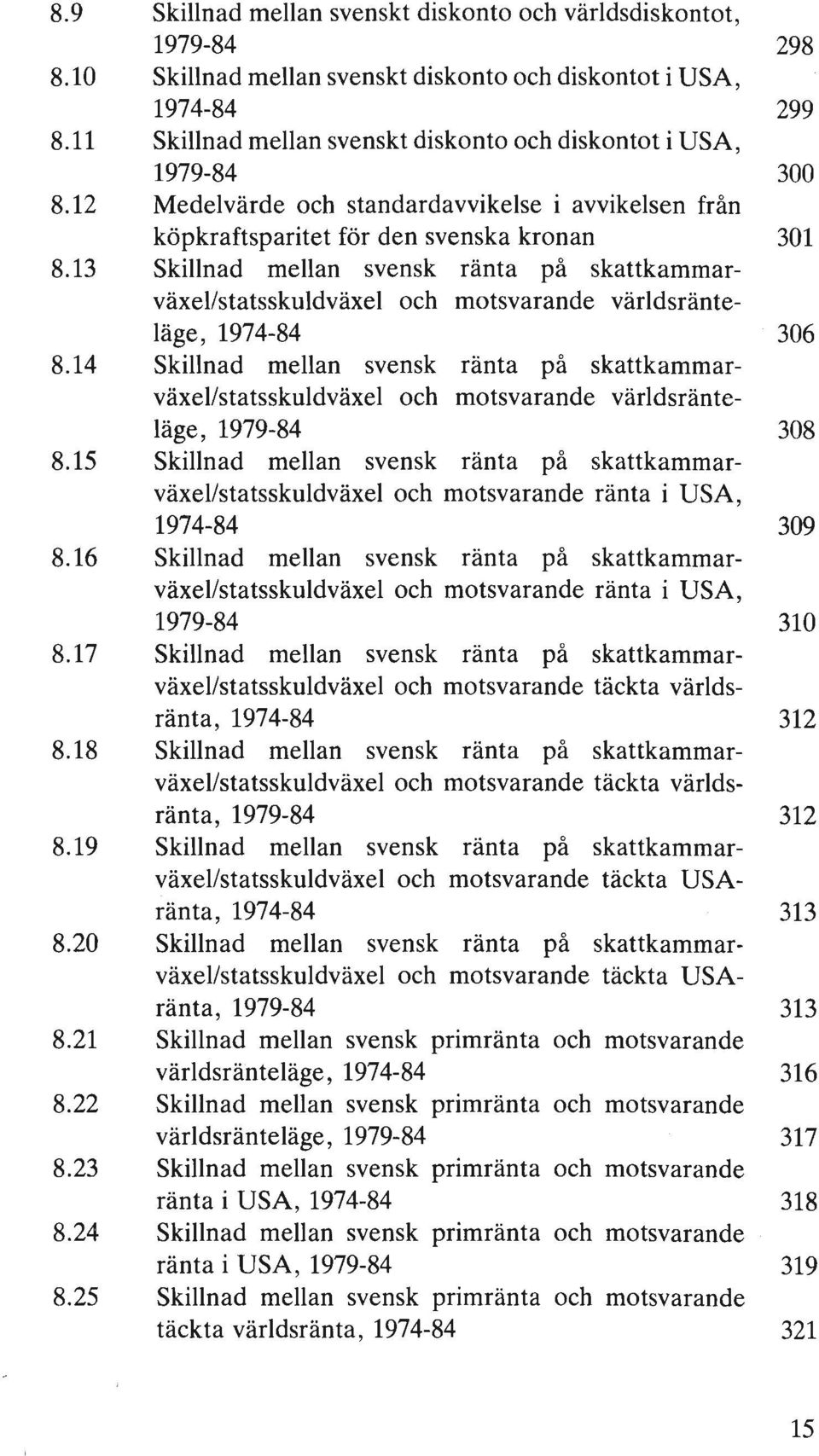13 Skillnad mellan svensk ränta på skattkammarväxelistatsskuldväxel och motsvarande världsränteläge, 1974-84 306 8.