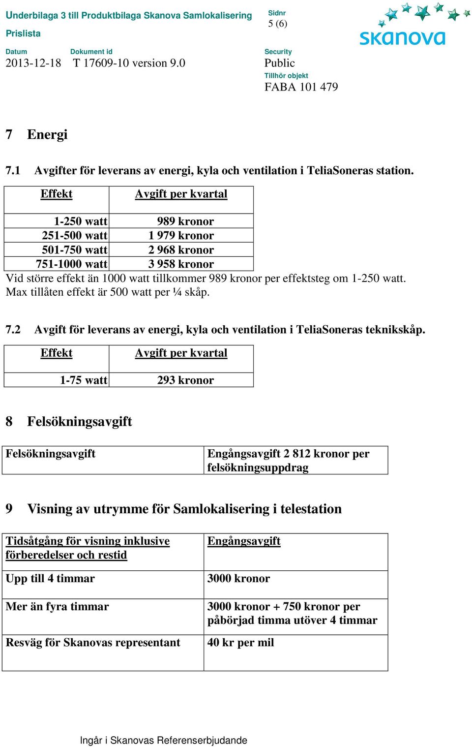 1-250 watt. Max tillåten effekt är 500 watt per ¼ skåp. 7.2 Avgift för leverans av energi, kyla och ventilation i TeliaSoneras teknikskåp.
