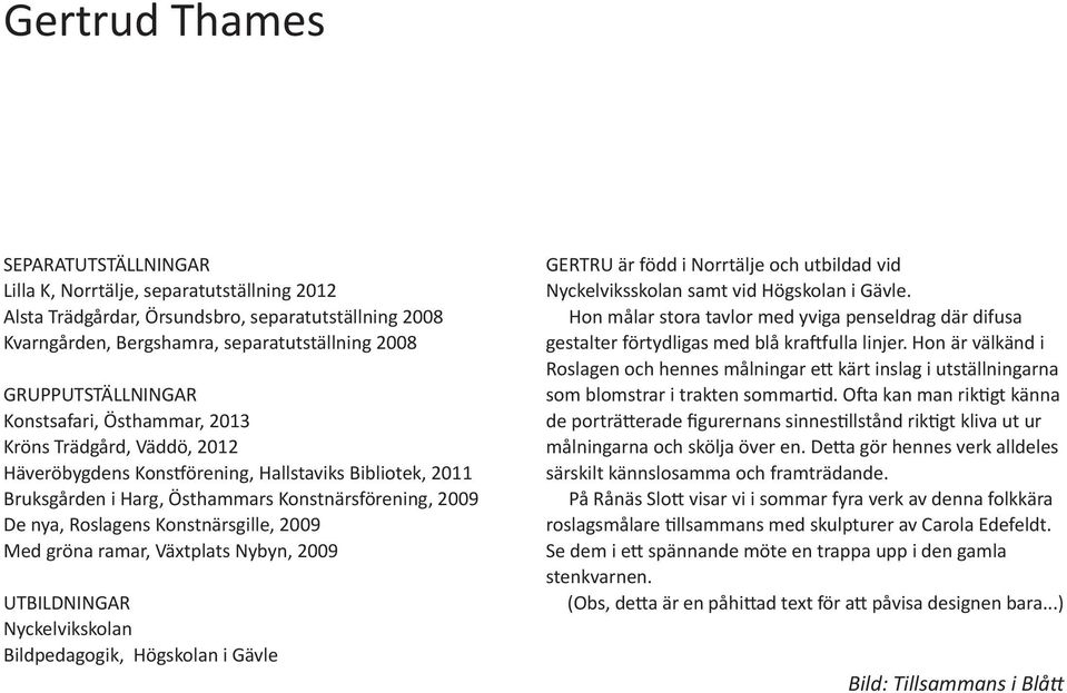 Roslagens Konstnärsgille, 2009 Med gröna ramar, Växtplats Nybyn, 2009 UTBILDNINGAR Nyckelvikskolan Bildpedagogik, Högskolan i Gävle GERTRU är född i Norrtälje och utbildad vid Nyckelviksskolan samt