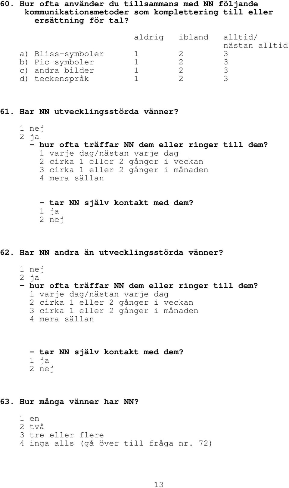 1 nej 2 ja hur ofta träffar NN dem eller ringer till dem? 1 varje dag/nästan varje dag 2 cirka 1 eller 2 gånger i veckan 3 cirka 1 eller 2 gånger i månaden 4 mera sällan tar NN själv kontakt med dem?