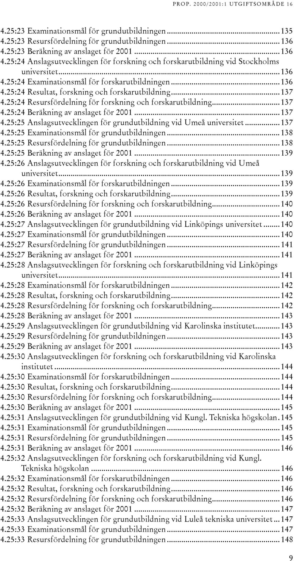 ..137 4.25:25 Anslagsutvecklingen för grundutbildning vid Umeå universitet...137 4.25:25 Examinationsmål för grundutbildningen...138 4.25:25 Resursfördelning för grundutbildningen...138 4.25:25 Beräkning av anslaget för 2001.