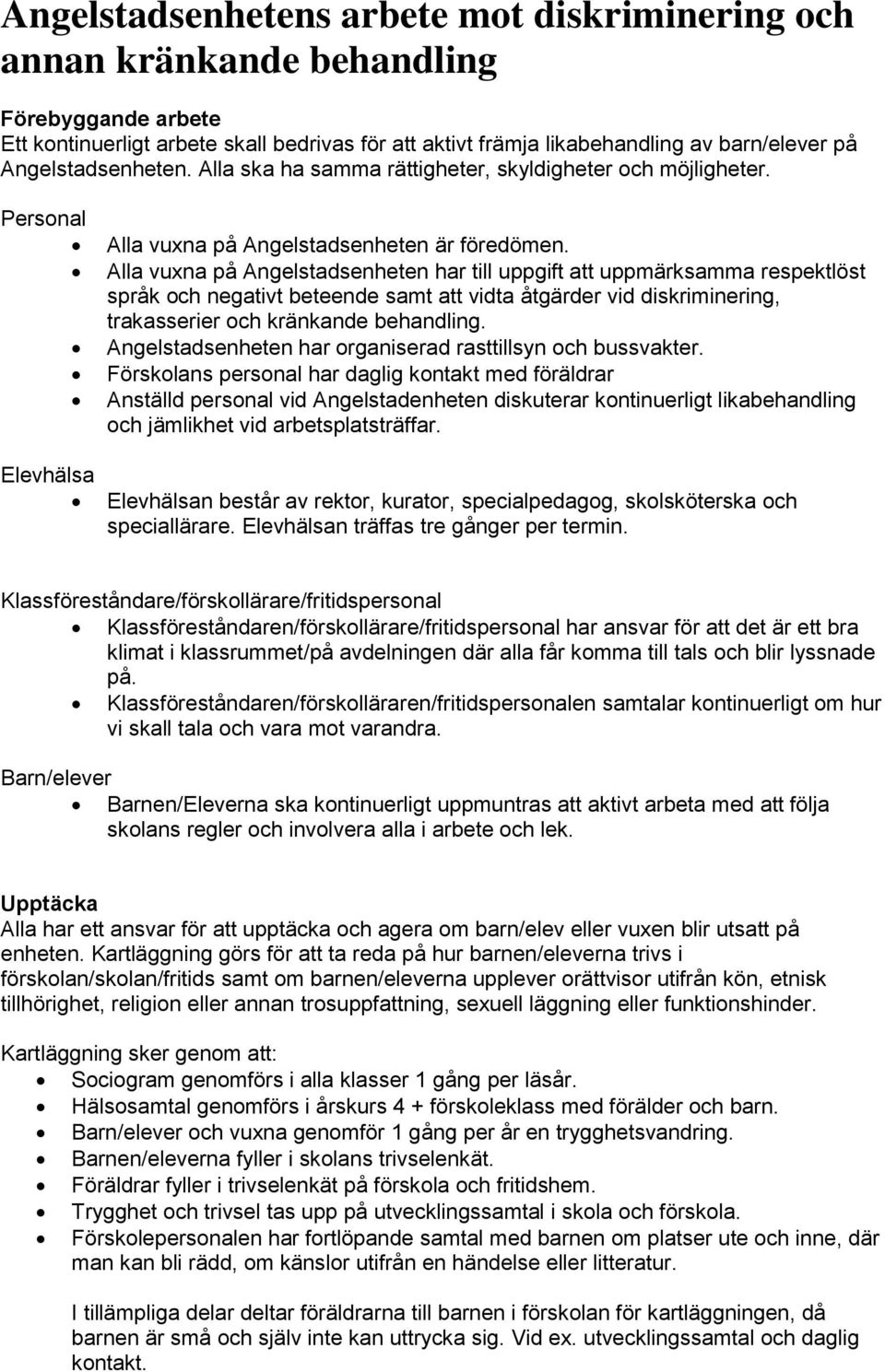 Alla vuxna på Angelstadsenheten har till uppgift att uppmärksamma respektlöst språk och negativt beteende samt att vidta åtgärder vid diskriminering, trakasserier och kränkande behandling.