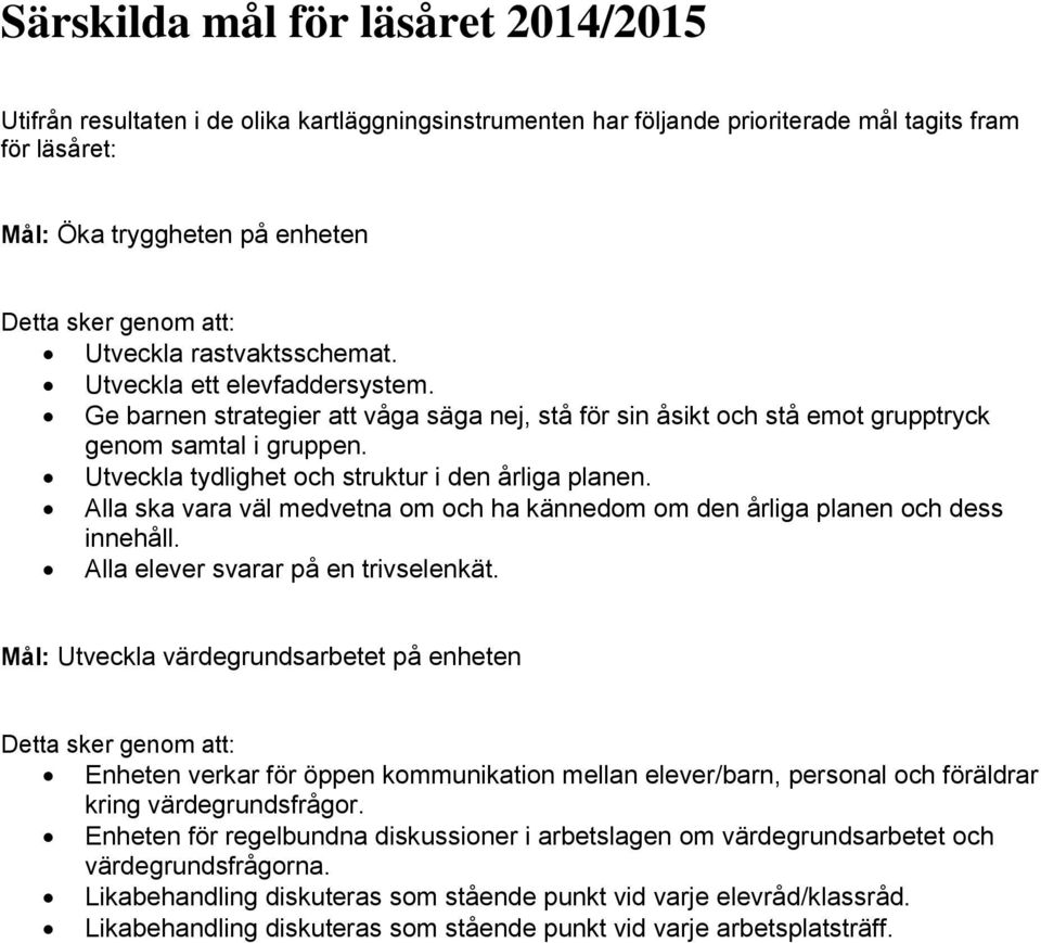 Utveckla tydlighet och struktur i den årliga planen. Alla ska vara väl medvetna om och ha kännedom om den årliga planen och dess innehåll. Alla elever svarar på en trivselenkät.