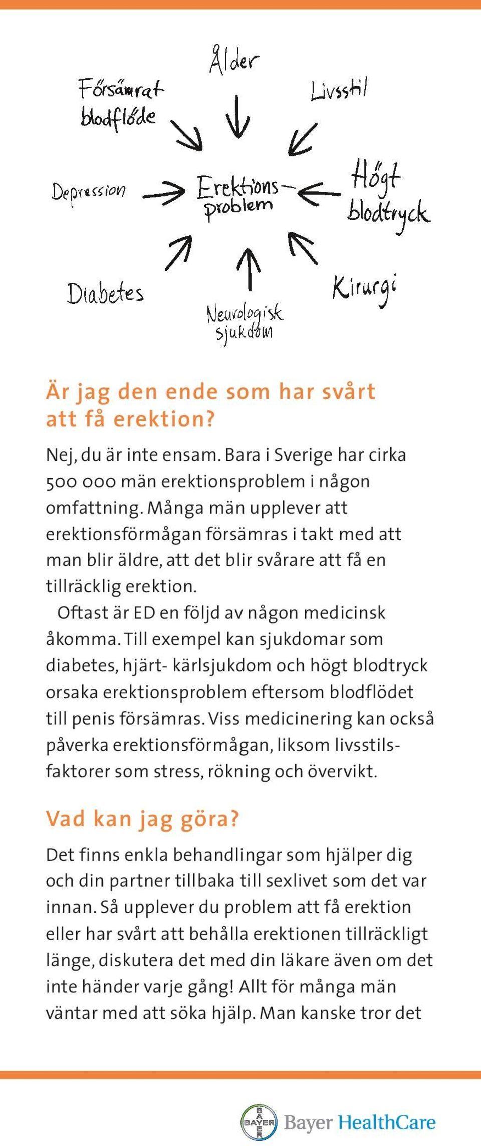 Till exempel kan sjukdomar som diabetes, hjärt- kärlsjukdom och högt blodtryck orsaka erektionsproblem eftersom blodflödet till penis försämras.