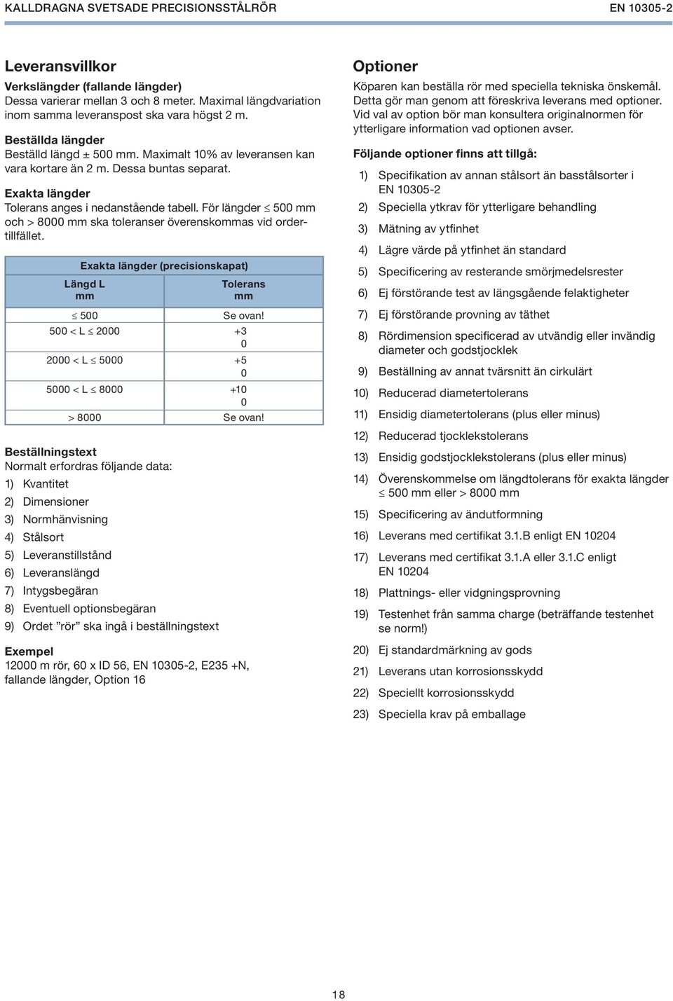 För längder 500 mm och > 8000 mm ska toleranser överenskommas vid ordertillfället. Exakta längder (precisionskapat) Längd L mm 500 Tolerans mm Se ovan!