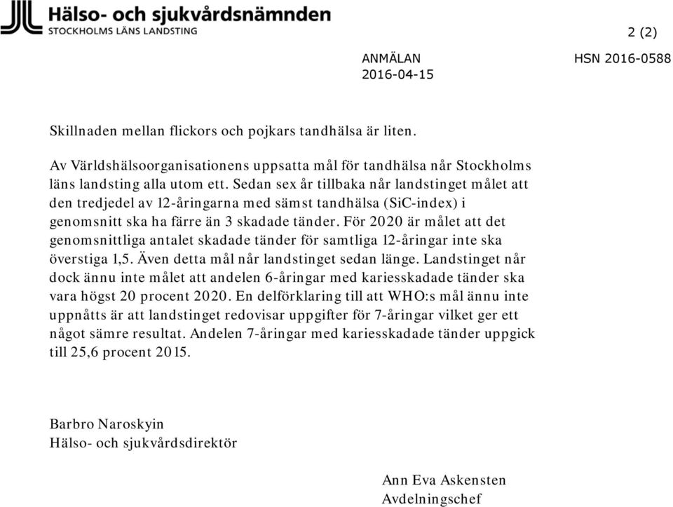 För 2020 är målet att det genomsnittliga antalet skadade tänder för samtliga 12-åringar inte ska överstiga 1,5. Även detta mål når landstinget sedan länge.