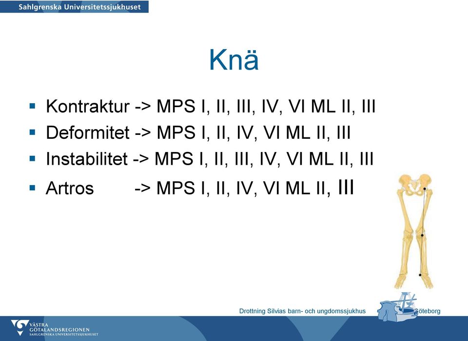 II, III Instabilitet -> MPS I, II, III, IV,