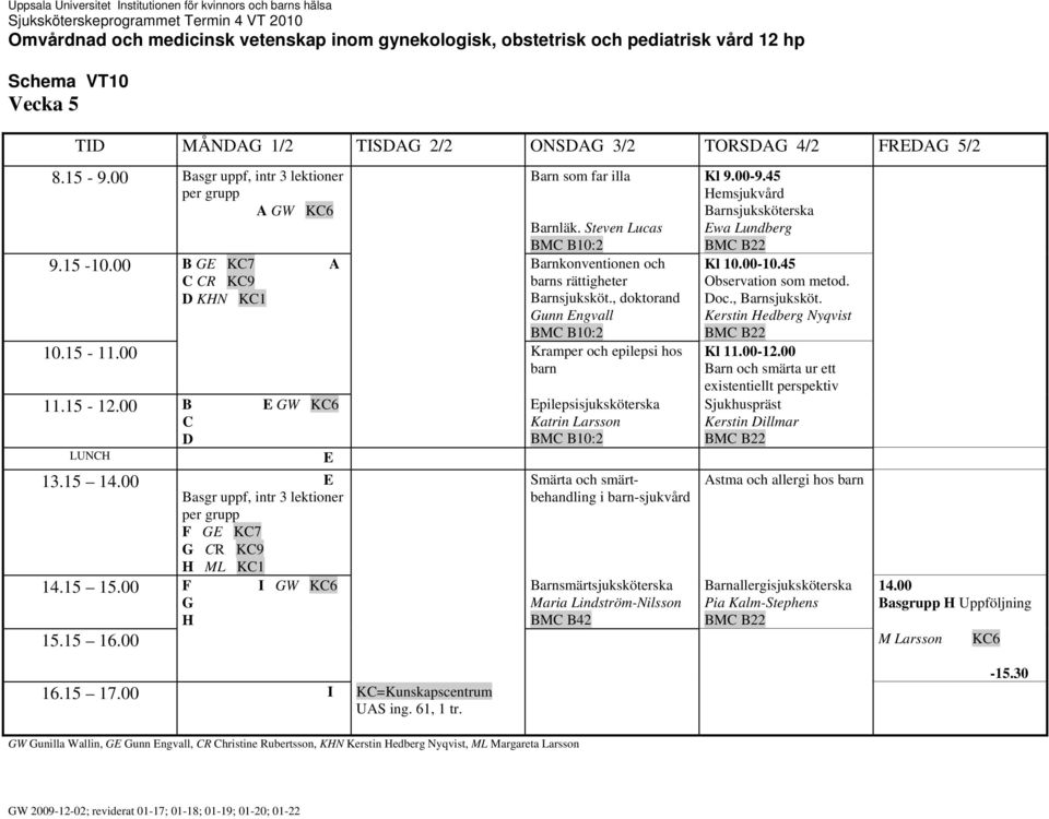 00 E Basgr uppf, intr 3 lektioner G CR KC9 H ML KC1 14.15 15.00 F I GW KC6 G H Epilepsisjuksköterska Katrin Larsson Smärta och smärtbehandling i -sjukvård Kl 9.00-9.