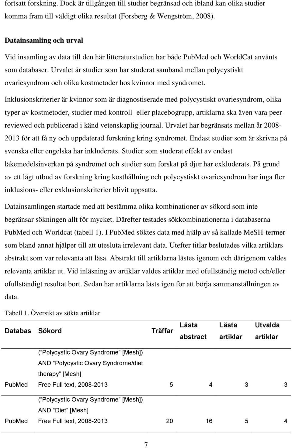 Urvalet är studier som har studerat samband mellan polycystiskt ovariesyndrom och olika kostmetoder hos kvinnor med syndromet.