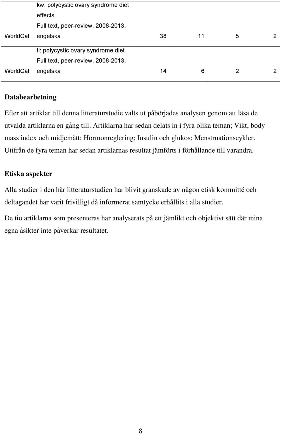 Artiklarna har sedan delats in i fyra olika teman; Vikt, body mass index och midjemått; Hormonreglering; Insulin och glukos; Menstruationscykler.