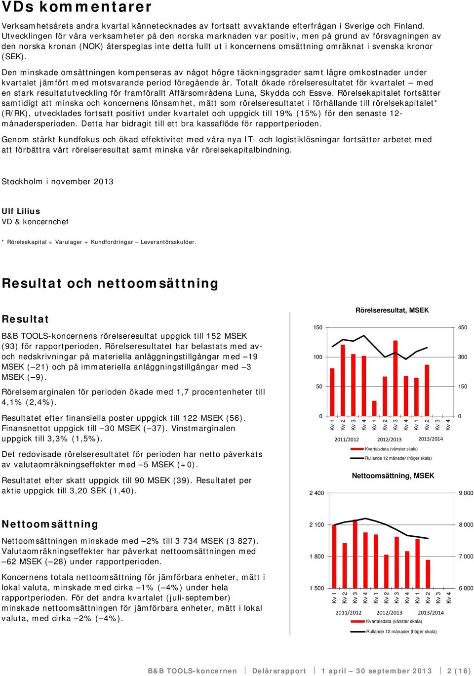 svenska kronor (SEK). Den minskade omsättningen kompenseras av något högre täckningsgrader samt lägre omkostnader under kvartalet jämfört med motsvarande period föregående år.