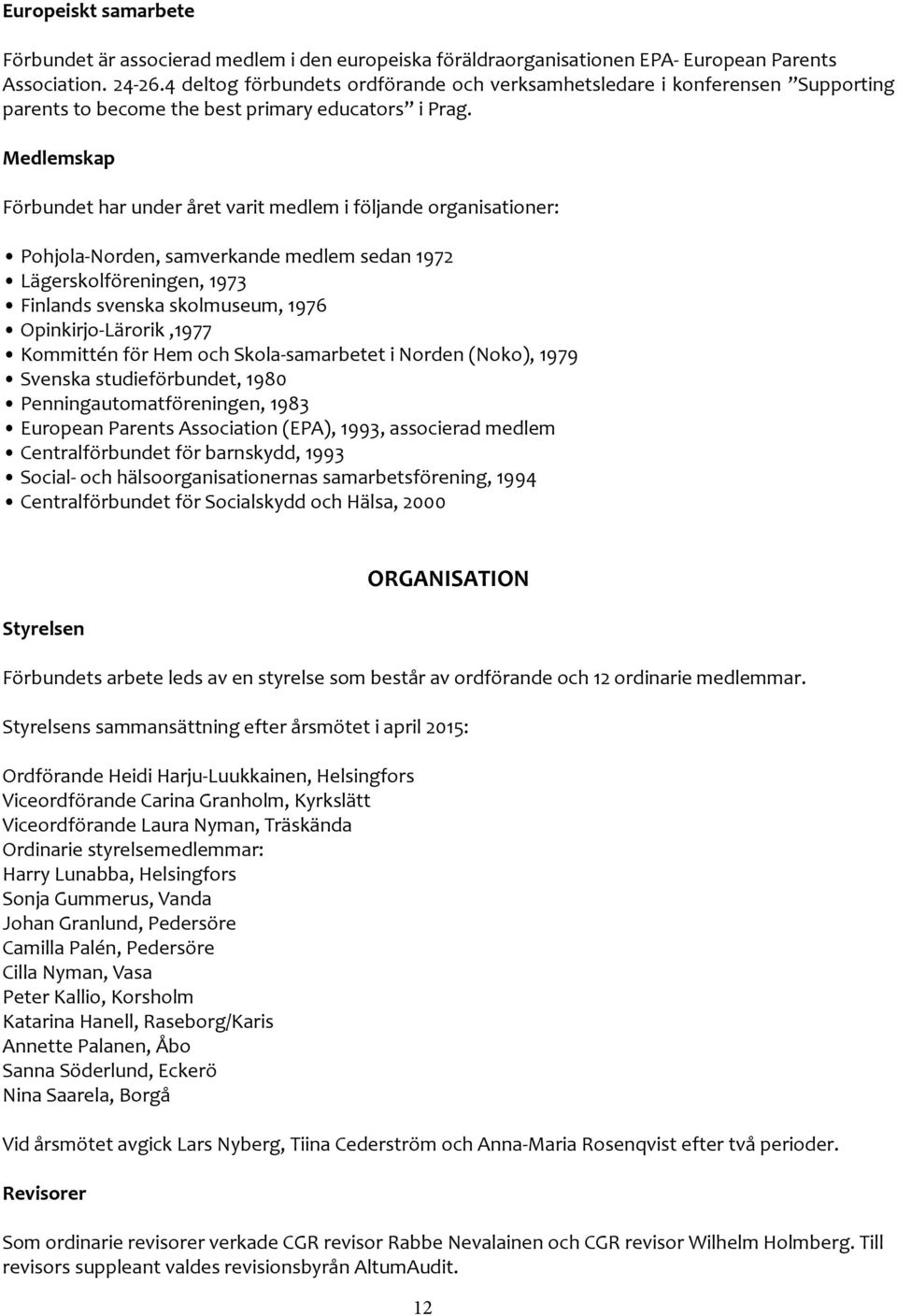 Medlemskap Förbundet har under året varit medlem i följande organisationer: Pohjola-Norden, samverkande medlem sedan 1972 Lägerskolföreningen, 1973 Finlands svenska skolmuseum, 1976