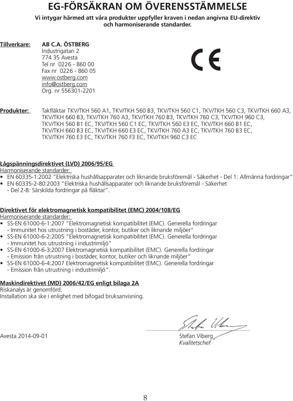 nr 556301-2201 Produkter: Takfläktar TKV/TKH 560 A1, TKV/TKH 560 B3, TKV/TKH 560 C1, TKV/TKH 560 C3, TKV/TKH 660 A3, TKV/TKH 660 B3, TKV/TKH 760 A3, TKV/TKH 760 B3, TKV/TKH 760 C3, TKV/TKH 960 C3,