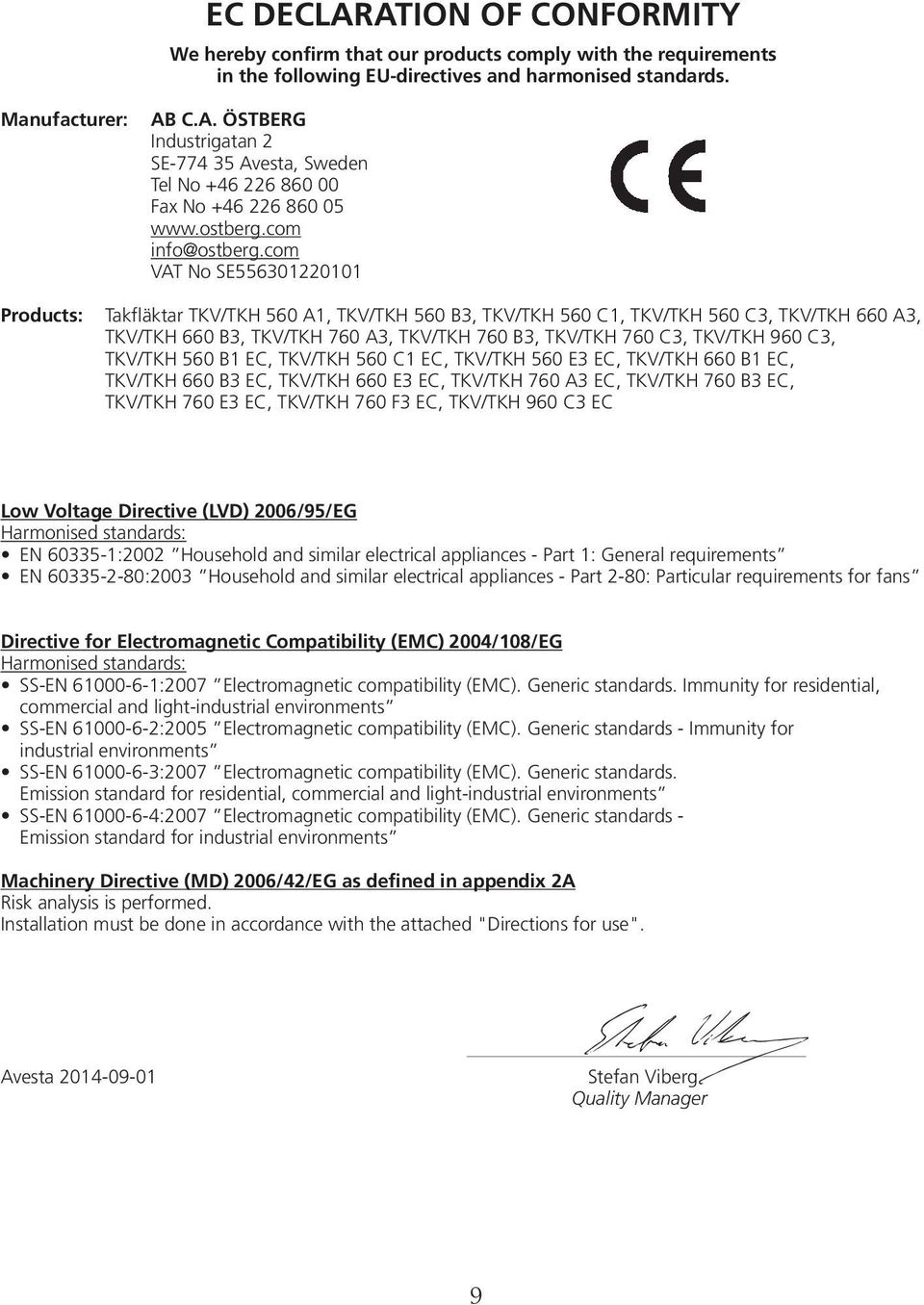 com VAT No SE556301220101 Products: Takfläktar TKV/TKH 560 A1, TKV/TKH 560 B3, TKV/TKH 560 C1, TKV/TKH 560 C3, TKV/TKH 660 A3, TKV/TKH 660 B3, TKV/TKH 760 A3, TKV/TKH 760 B3, TKV/TKH 760 C3, TKV/TKH