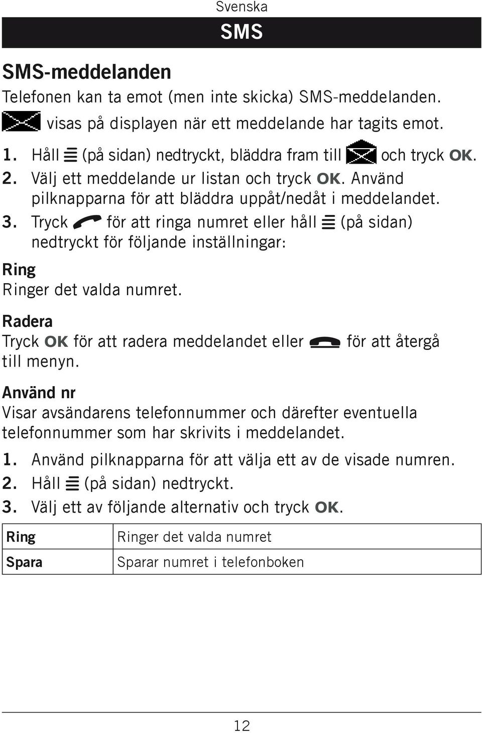 Tryck q för att ringa numret eller håll w (på sidan) nedtryckt för följande inställningar: Ring Ringer det valda numret. Radera Tryck OK för att radera meddelandet eller L för att återgå till menyn.