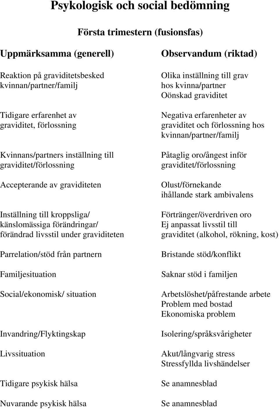 från partnern Familjesituation Social/ekonomisk/ situation Invandring/Flyktingskap Livssituation Tidigare psykisk hälsa Nuvarande psykisk hälsa Observandum (riktad) Olika inställning till grav hos